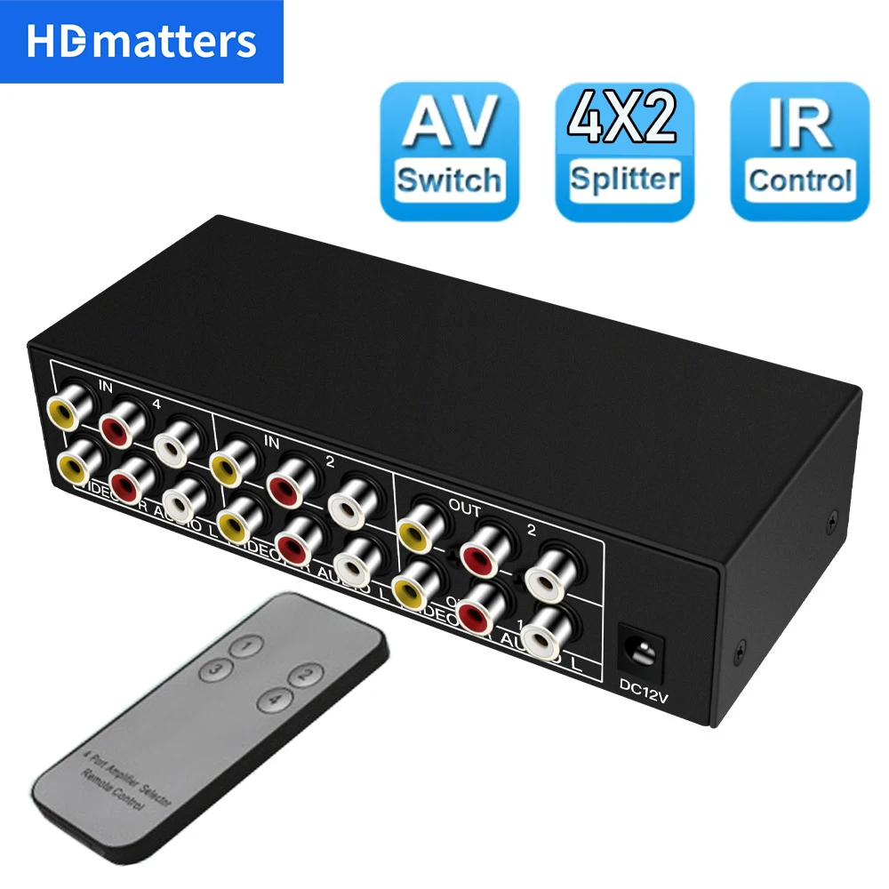 Composite AV RCA Switch splitter 4 in 2 out Analog Video C-VBS RCA AV Splitter Switch 4X2 with remote for DVD Wii PS2 TV