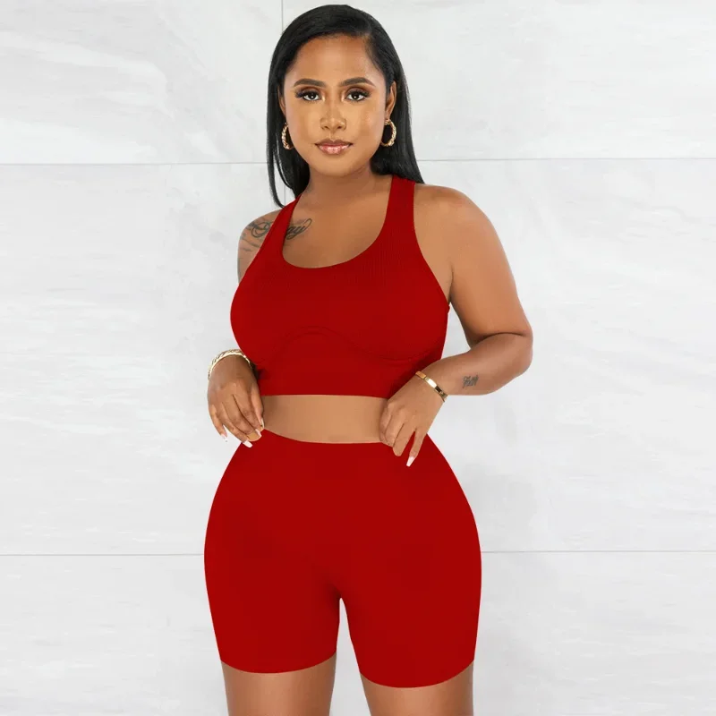 

KEXU Elegant Active Women Two 2 Piece Set Sleeveless Top and Shorts Stretch Fitness Outfit Casual Solid Sport Tracksuit