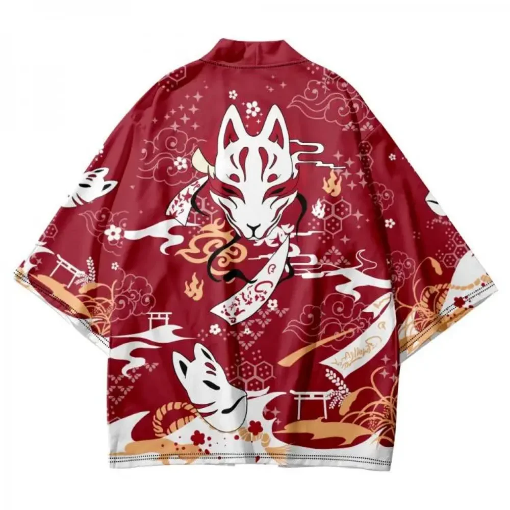 

Japanese Sakura Inari Fox Kimono for Men and Women Asian Clothes Yukata Haori Traditional Kimonos Plus Size Fox Mask Print tops