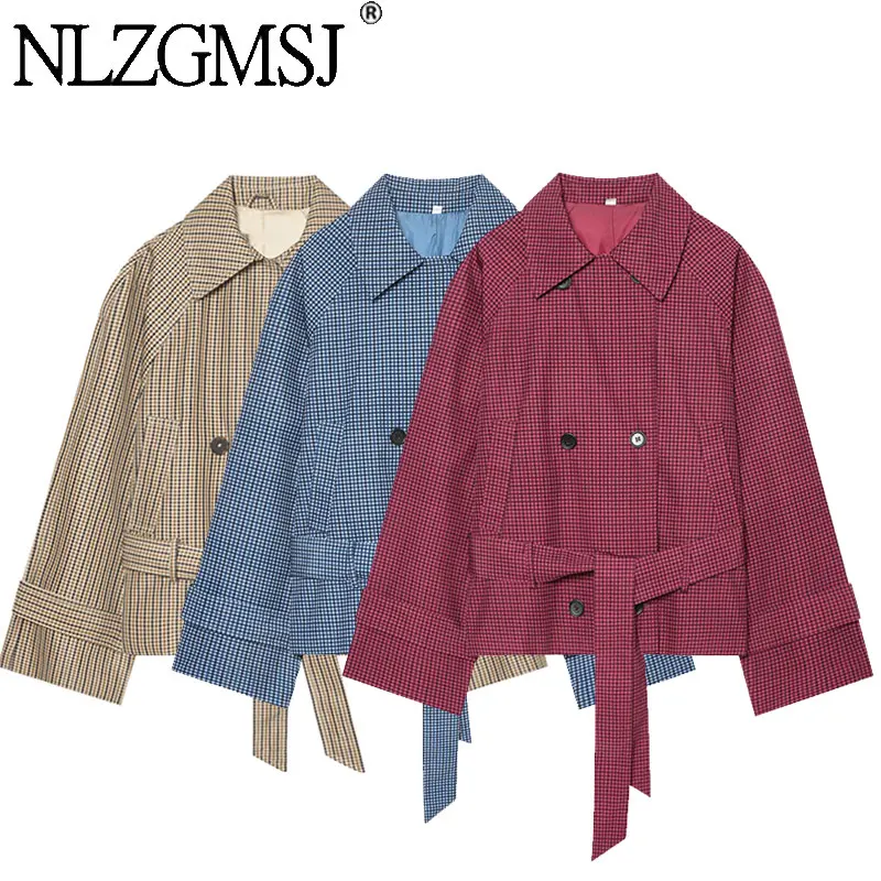 NLZGMSJ 2026 Autumn Vintage Streetwear Plaid Women Trench Jakcet Double-breasted Belt Oversized Jacket Fashion Elegant Outwears