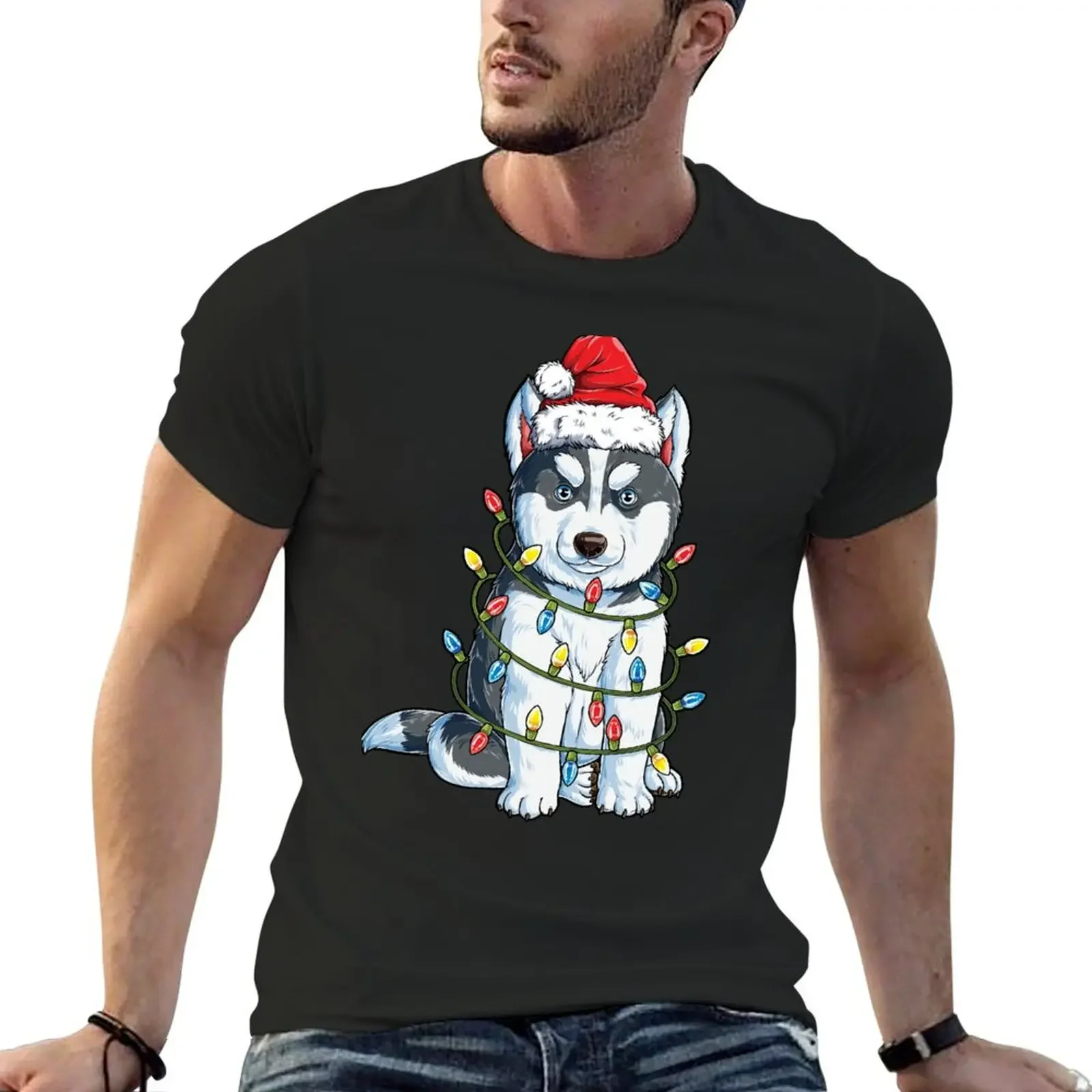 

Siberian Husky Christmas Shirt Santa Hat Xmas Lights Boys T-Shirt new edition man t shirt anime stuff plain black t shirts men