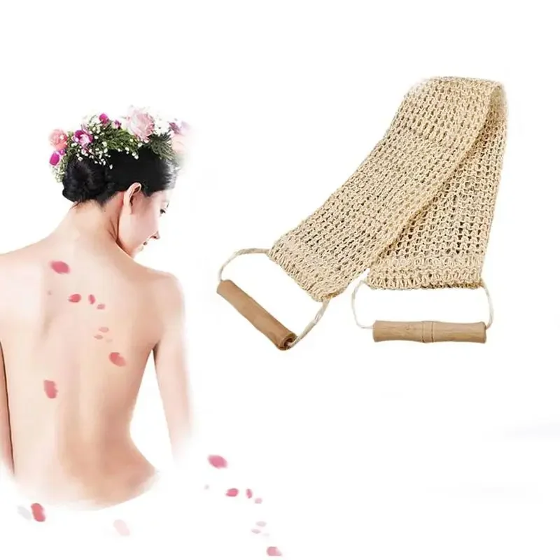 Rub Exfoliating Dead Skin Shower Towel Durable Skin Care Bath Towel Scrubber Sisal Back Strap Wooden Handle