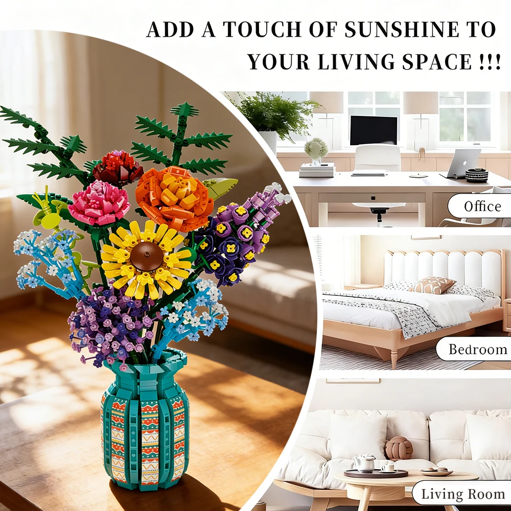 Conjunto de blocos de construção florais com vaso e caixa, várias flores, tijolo de brinquedo, buquê para crianças, presente, 1853 peças, kit de decoração de escritório doméstico diy