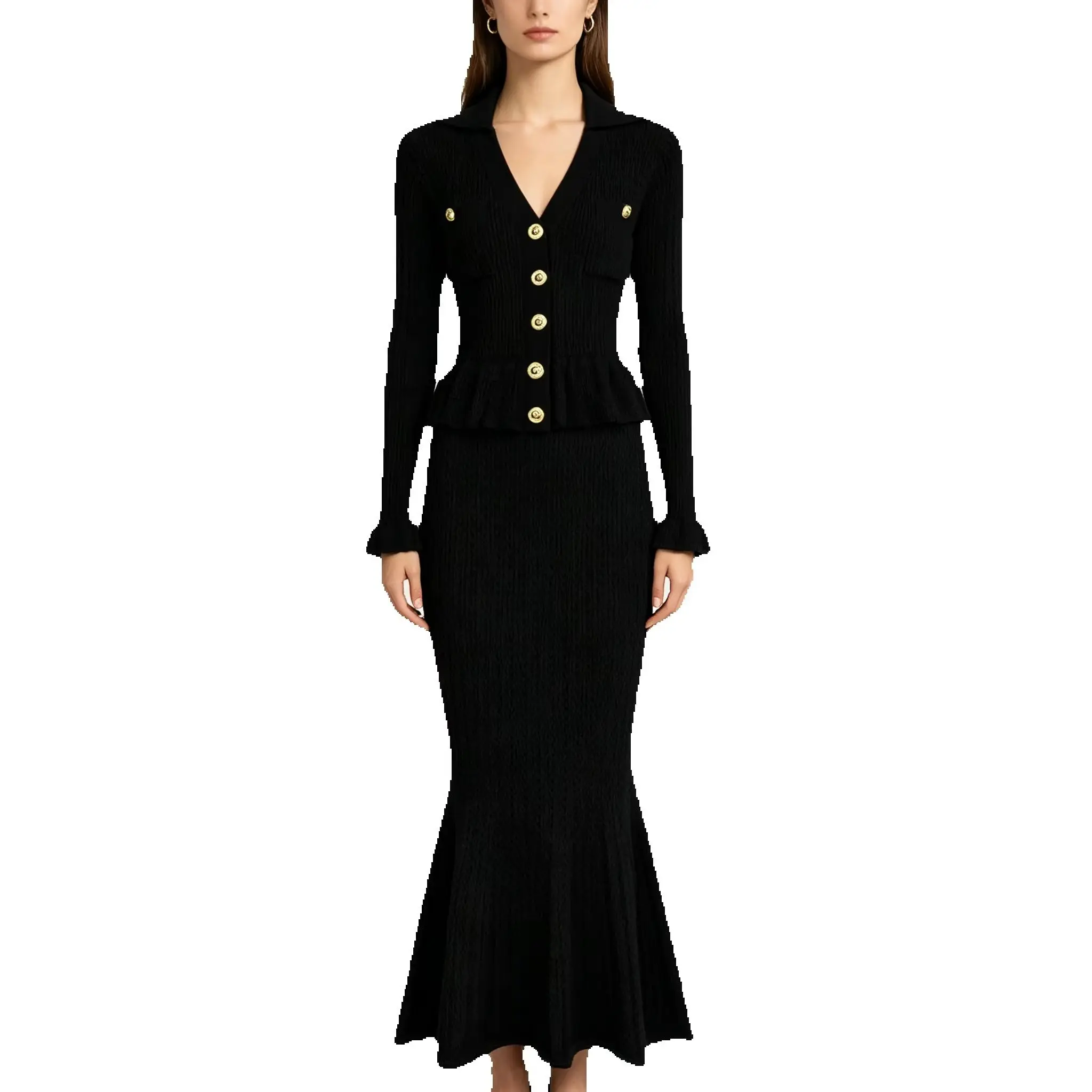 High European And American New Fashionable Elastic Knitted Lapel Hollowed Out Slim Fit Lotus Leaf Long Sleeves Women's Dress