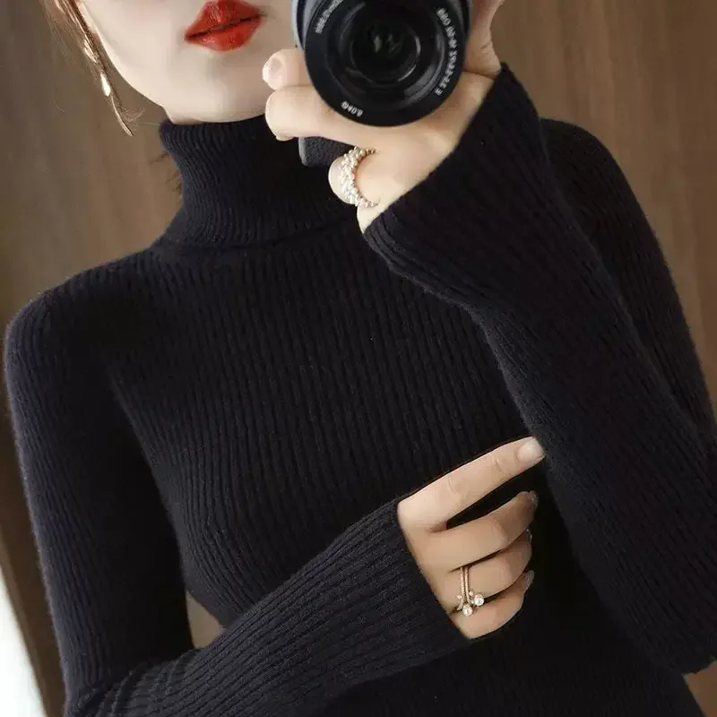 Knit Tops for Woman Turtleneck Women\'s Sweater Black Gigh Neck Jerseys Pullover White Clothes Cold Winter in Promotion Clothing