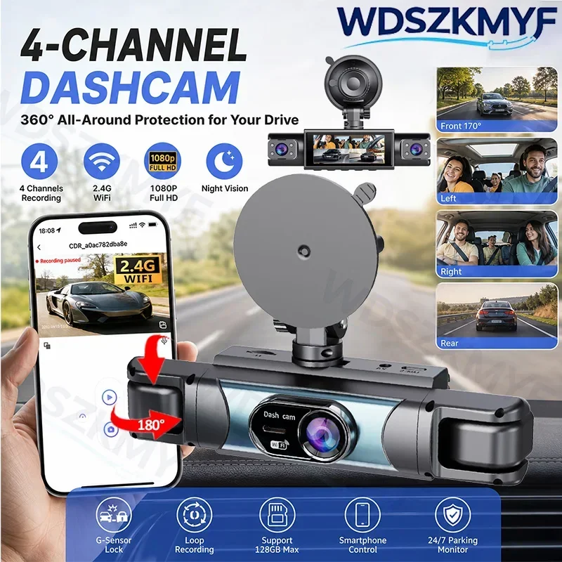 4 Camera Car Dash Cam FHD 1080P Black Box 3 Channel Car Camera Recording 170° Wide Angle Vehicle Recorder WiFi Driving Recorder