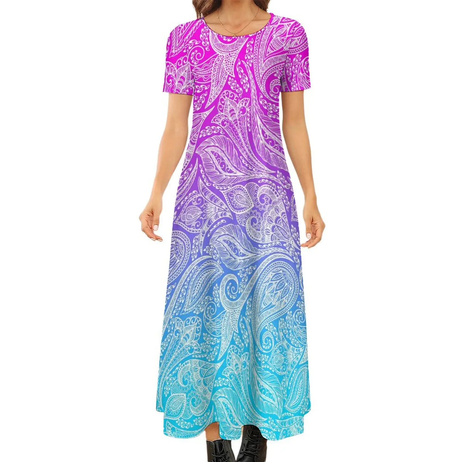

Pink to Blue Ombre Dress White Floral Paisley Street Style Boho Beach Long Dresses Female Vintage Maxi Dress Gift Idea