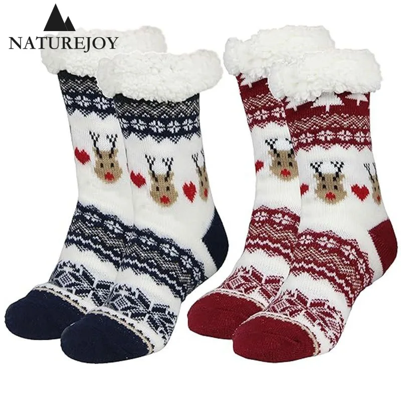 New Christmas Socks Rubber Anti-slip Red Elk Cartoon Socks Slipper Keep Warm Thickened Home Floor Stocking women New Year Winter