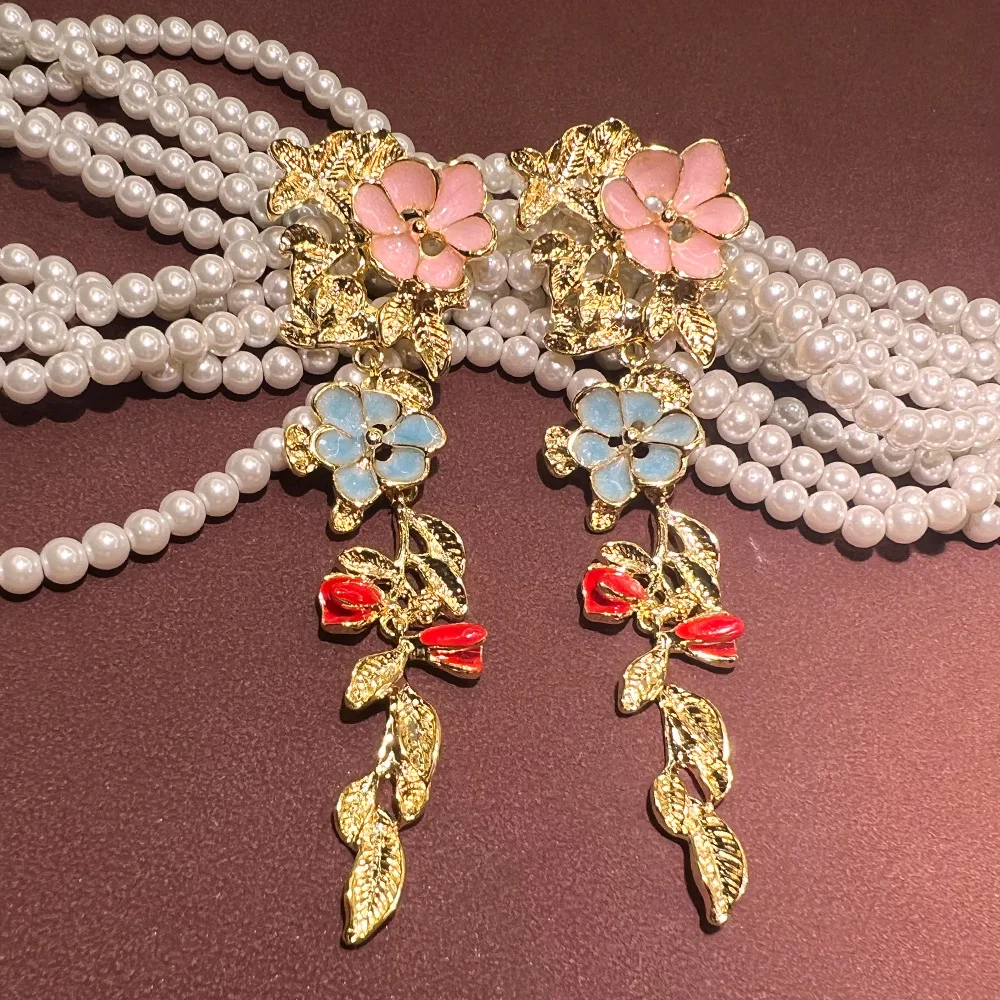 Medieval flower dripping oil, French spring flowers blooming, spring enamel long 925 gold-plated water droplets premium earrings