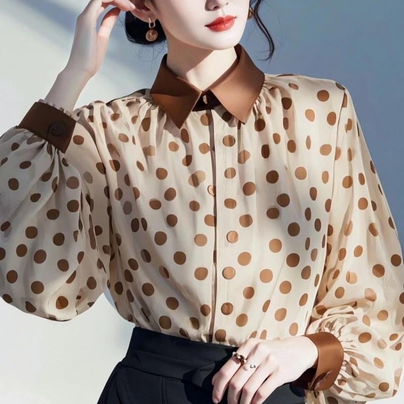 

Vintage Polka Dot Women's Blouses Printed Korean Shirts Loose Summer Casual Clothing Long Sleeved Chiffon Women Tops