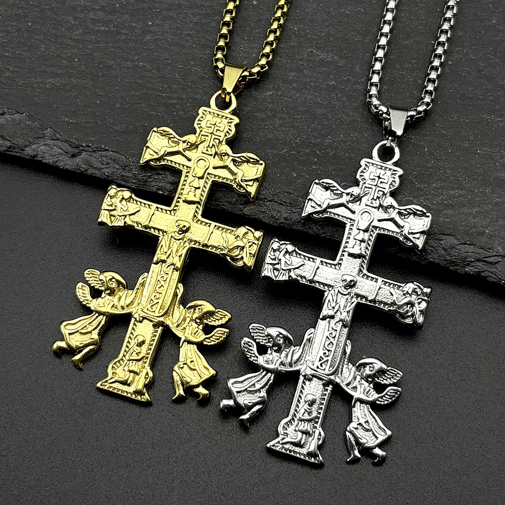 Cruz católica INRI Caravaca Jesús crucifijo querubín Ángel colgante collar para Mujeres Hombres Acero inoxidable joyería ortodoxa regalo