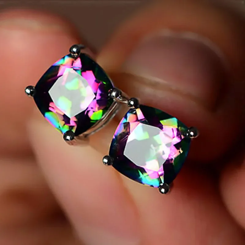 Hot Sale Female Earrings 925 Sterling Silver Claw Inlay Multicolor Square Zircon Earrings for Women Pendientes Oorbellen Brincos
