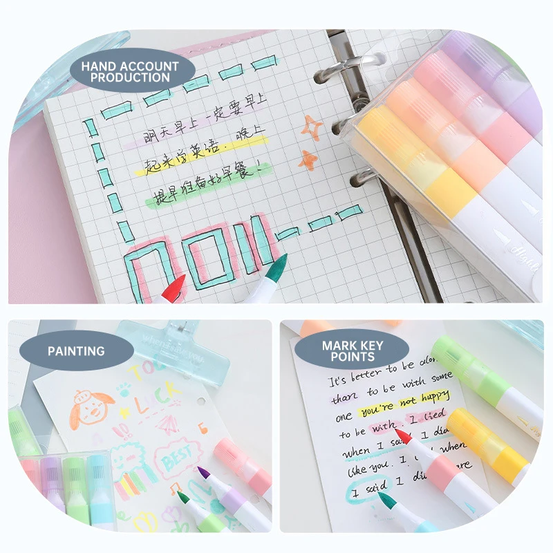 6 Colors Highlighter Markers Kawaii Stationery Items Cute Highlighter Outline Pen Set Back to School Supplies for Students Kids
