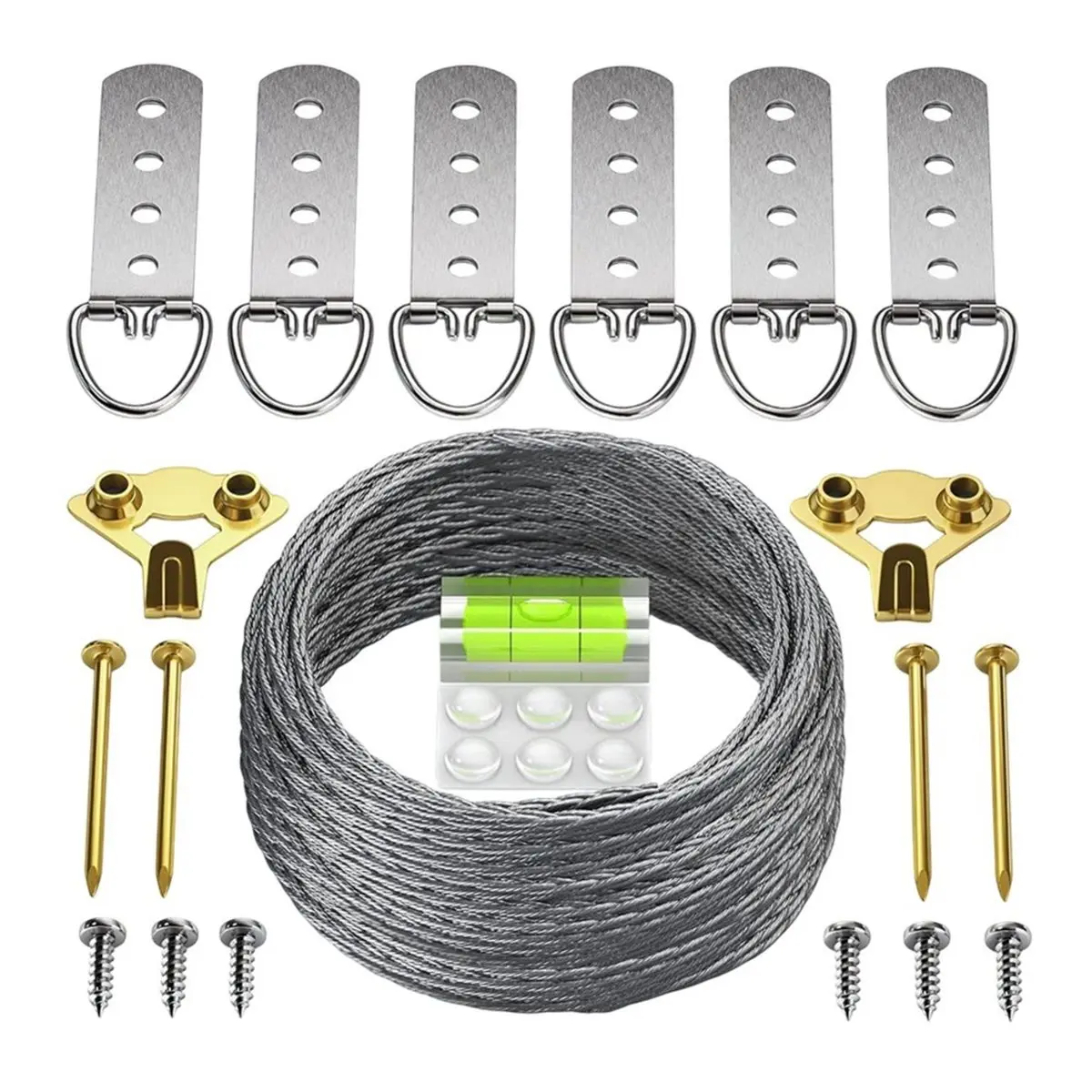DT35BG Heavy Duty Picture Wire Hanging Kit - D-Ring, Screws, Hanging Hooks,Level. Supports Up to 100 Lbs 50+ Feet (15.25M)