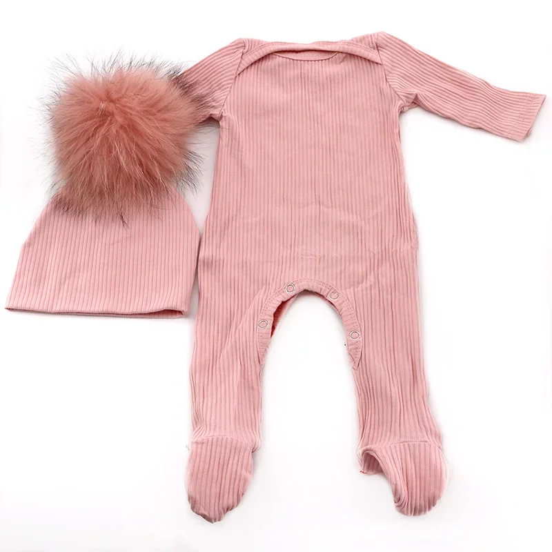 Baby Girls Real Fur pompom hat with Cotton Ribbed Bodysuits sets 0-3 month Baby Boy long sleeves Jumpsuit Outfits Clothes set