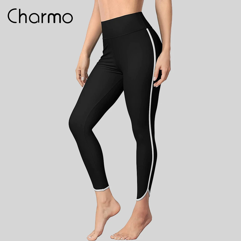 Charmo Women High Waist Swim Pants Color Block Leggings Elastic Swimming Wear Tankini Bikini Bottom Beach Wear Swim Tights