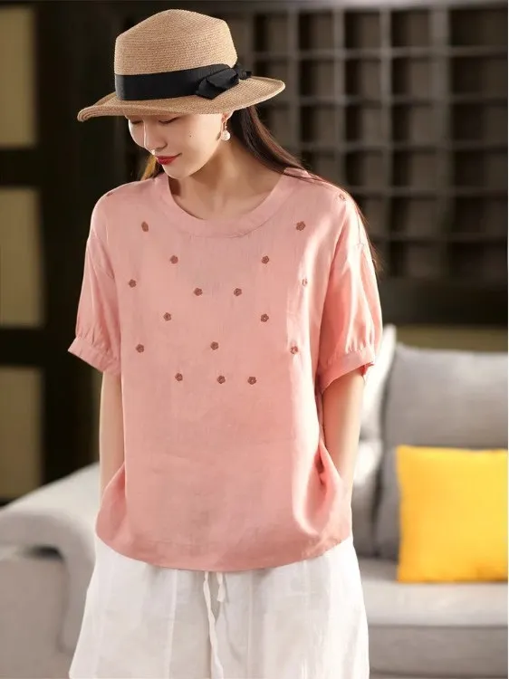 Retro Cotton Linen Embroidered irt Women's round Ne ort Sve Overhead Artistic High-End Feelings Summer New Arrival