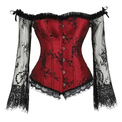 Vintage Fashion Corset Steampunk Lace Floral Off Shoulder Corselet Women Long Sleeve Tops Sexy Corset Bustier Red Black White