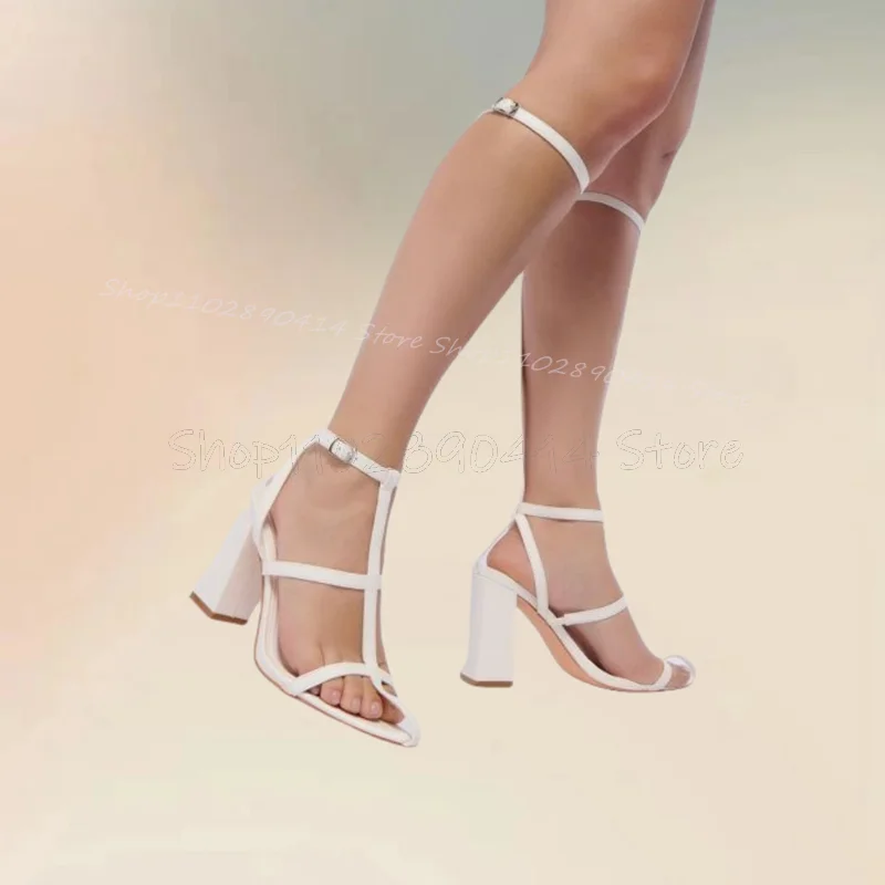 

White Hollow Design Strappy Sandals Ankle Buckle Strap Women Shoes Chunky High Heels Fashion Banquet 2024 Zapatos Para Mujere