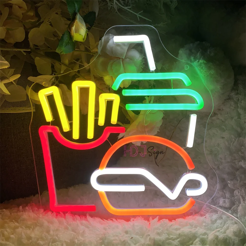 

French Fries Neon Led Sign Food Burger LED Light Signs Cafe Restaurant Shop Decoration Neon Lignts USB Wall Room Decor