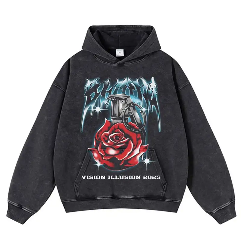 Washed Oversize Vintage Hip Hop Streetwear Bullet Red Rose Print Hoodie Harajuku Punk Loose Pullover Hooded Stretwear Sweatshirt