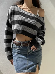 Women Striped Sweater Off Shoulder Long Sleeve Cropped Sweaters Loose Knitted Tops