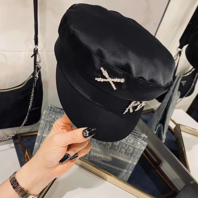 Fashion Letter Rhinestone  Military Hat Women Autumn Shiny Caps Lady Korean Retro Beret Party  Flat Top Newsboy Caps