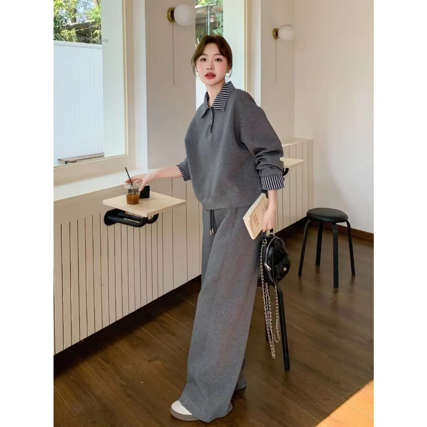 Loose Fit Cotton  Shirt And Pants Set Women's Casual Sportswear Diagonal Stripe Design Two Piece Set Autumn Season Fashion