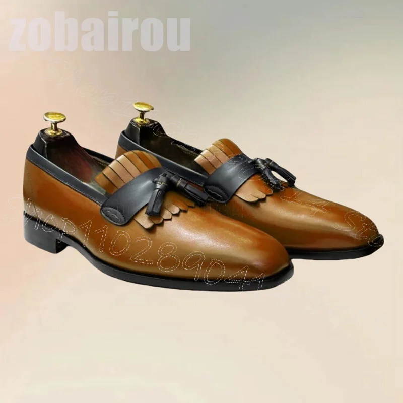 

Brown Tassels Black Sole Matte Leather Loafers Fashion Slip On Men Shoes Luxurious Handmade Party Banquet Office Men Dress Shoes