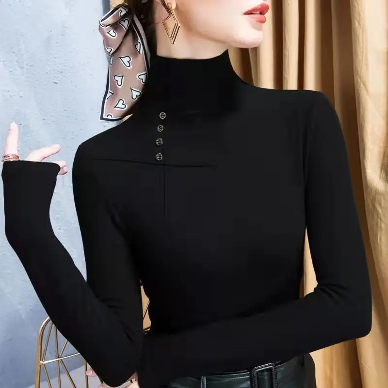 Camiseta interior de cuello alto para mujer, de doble capa y gruesa, a la moda, con manga princesa, de fibra de poliéster