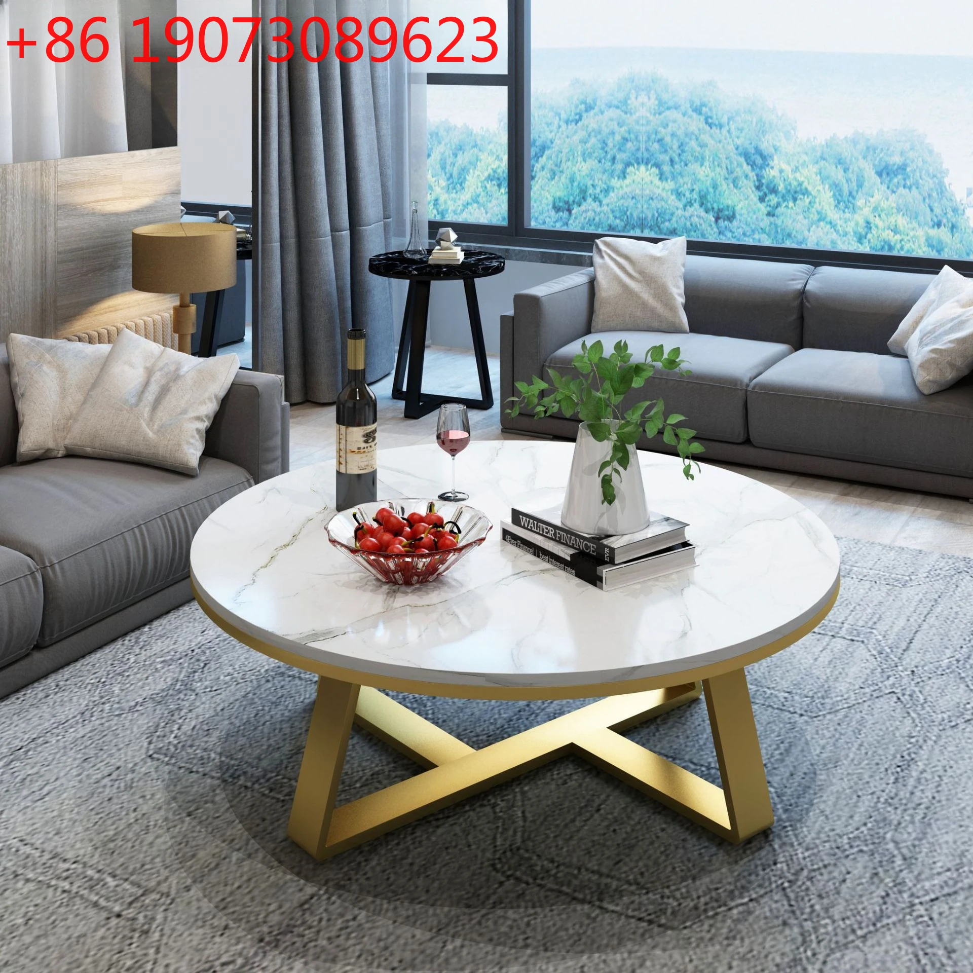 

Nordic simple marble coffee table, household living room gold sofa coffee table hotel round wrought iron edge table