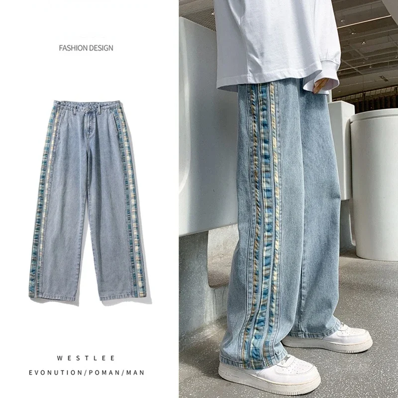 Side Stripe Webbing Jeans Men's Straight Tube 2022 Spring and Autumn Trend Design Feeling Loose Made Old Wide Leg Pants Men's