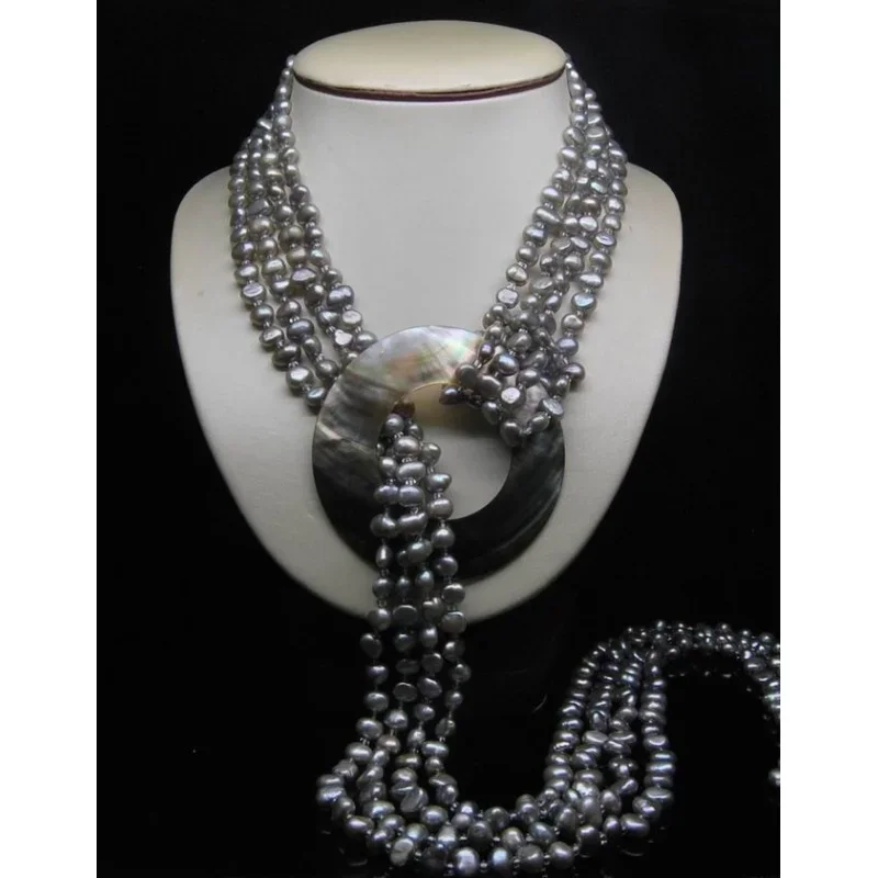 Natural AAA 4Row 5-6MM Wite& gray Baroque pearl Necklace Long 32inch