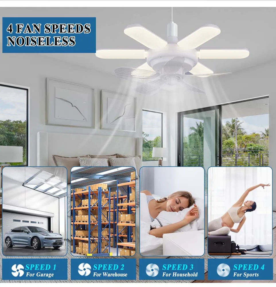 LED مروحة السقف ضوء E27 قاعدة 3-Speed التحكم عن بعد كفاءة في استخدام الطاقة الصامتة لغرفة المعيشة الداخلية غرفة نوم المرآب مخزن