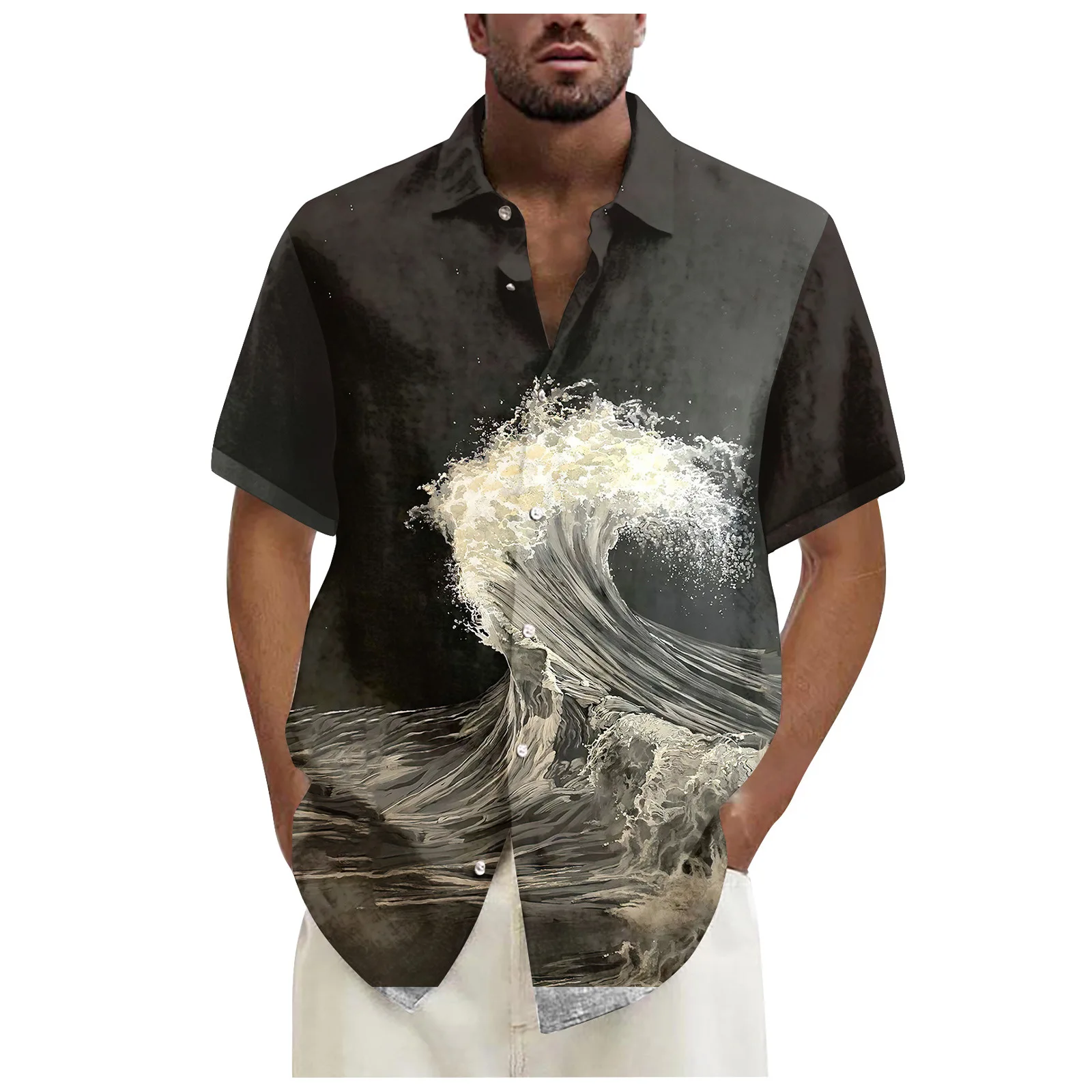 Summer 2024 Retro Beach Wave Print Men's Short sleeved Shirt Hawaiian Shirt Casual Fashion Top