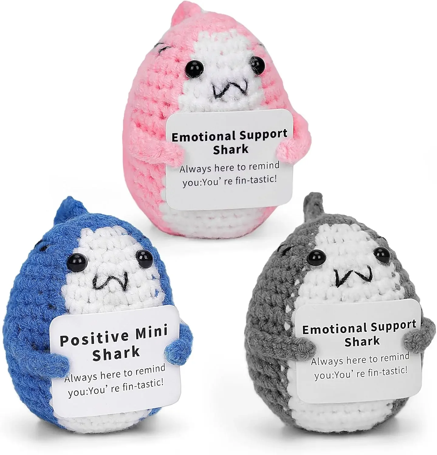 3 PCS Emotional Support Shark, Funny Crochet Animal Mini Inspirational Handmade with Encouragement Card, Knitted Birthday Gifts