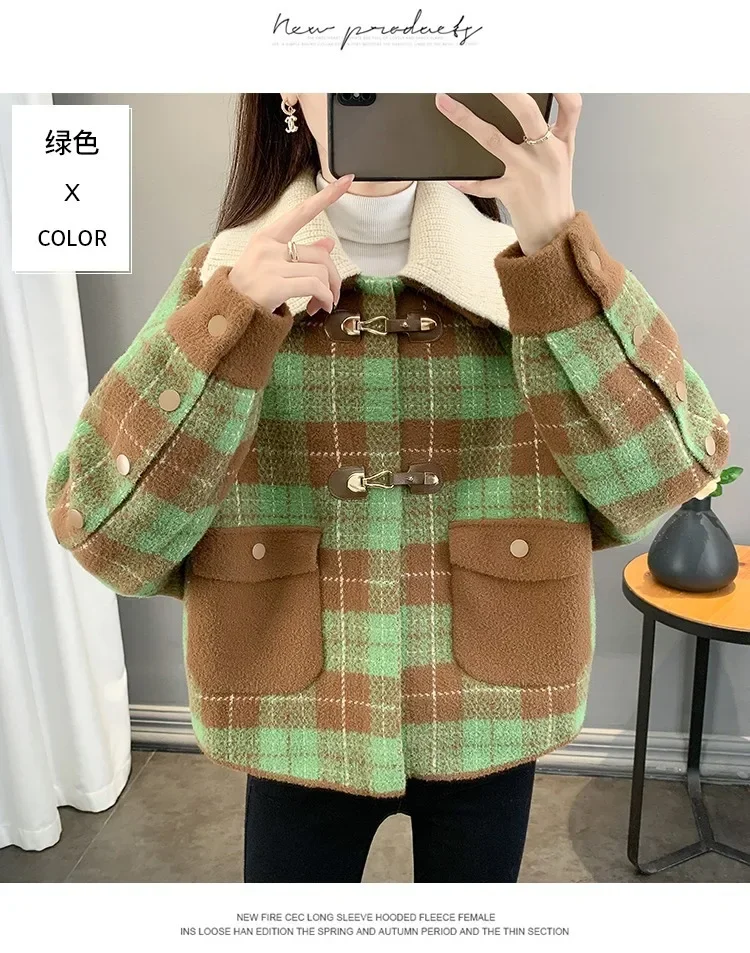 Frauen Neue Herbst Gestrickte Nachahmung doppelseitige Plaid Mantel, Koreanische Casual Lose Kurze Mode Nachahmung Woolen Patchwork Mantel