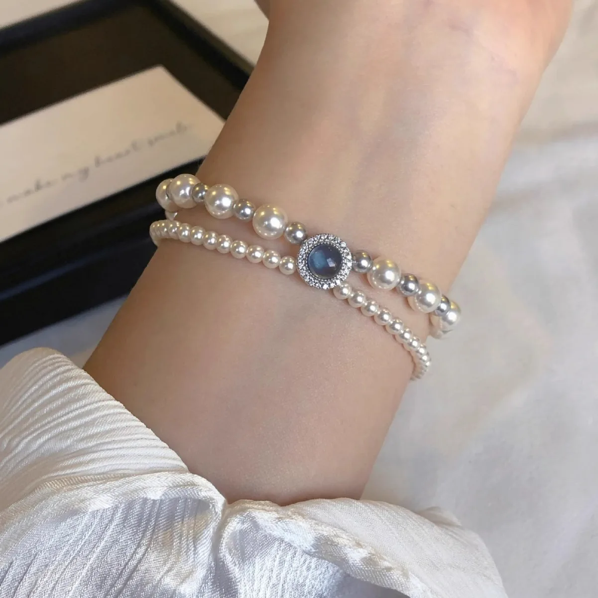 S925 Sterling Silver Pearl Bracelet Double Layered Bracelet image 3