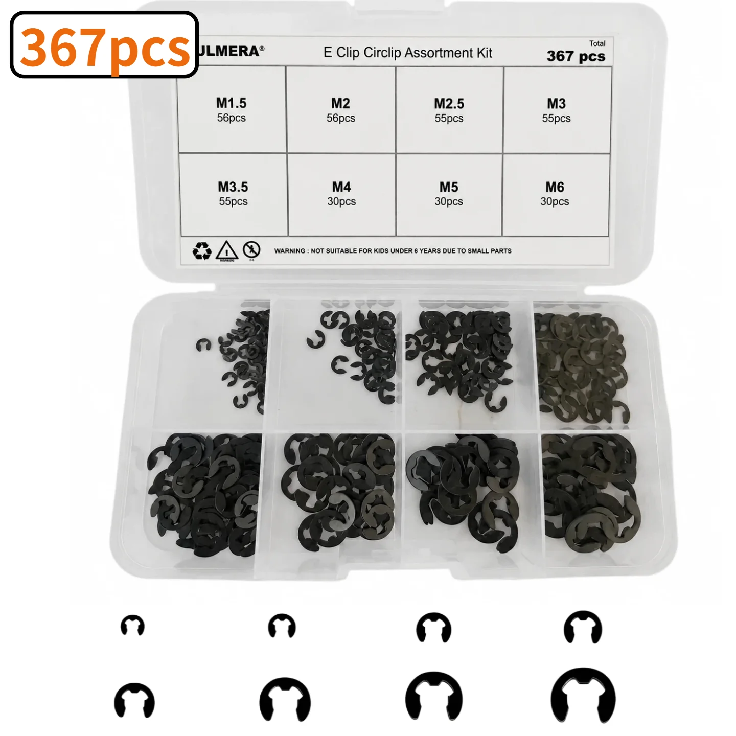 512/367Pcs M1.5-M15 Black Alloy E Clip Set External Retaining Ring Assortment Kit Metric Circlip for Shaft Bearing Hardware
