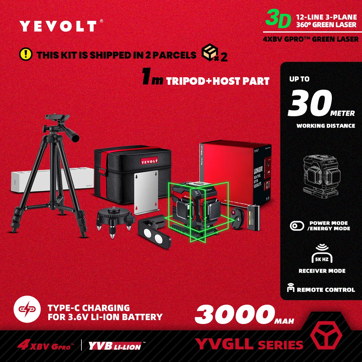 YEVOLT TL-YVGLL4XS12TB1P Series Green Laser Level 3-Plane 12-Line Self-leveling 360 3D Power Measuring Tools-1M Aluminium Tripod