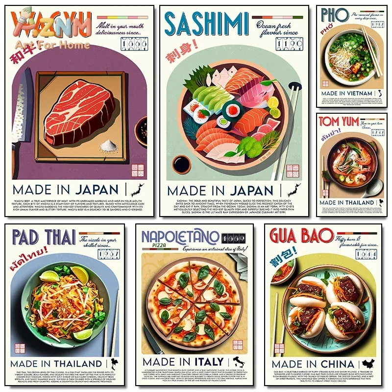 AZNM Retro Global Food Canvas Wall Art, International Cuisine Wagyu Sashimi Pizza Print, Vintage Kitchen Poster, Frameless Canva