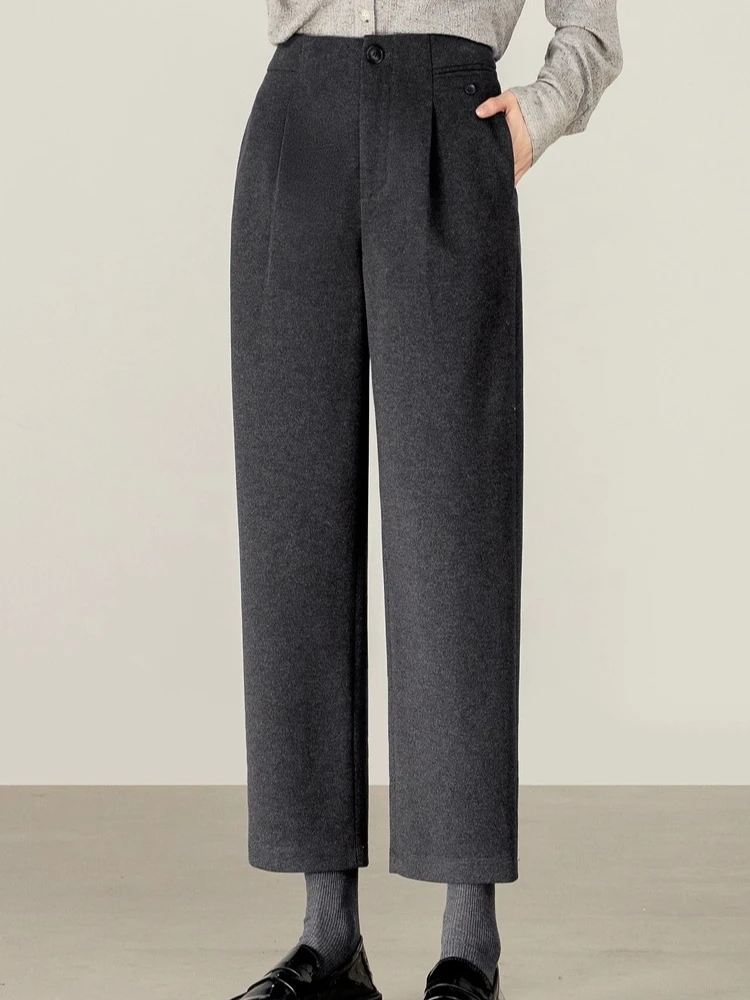 

SENTUBILA Women's Winter Warm Gray Cropped Wide Leg Pants Elastic Waistband Button Fly Woolen Casual Office Trousers 153KL0167