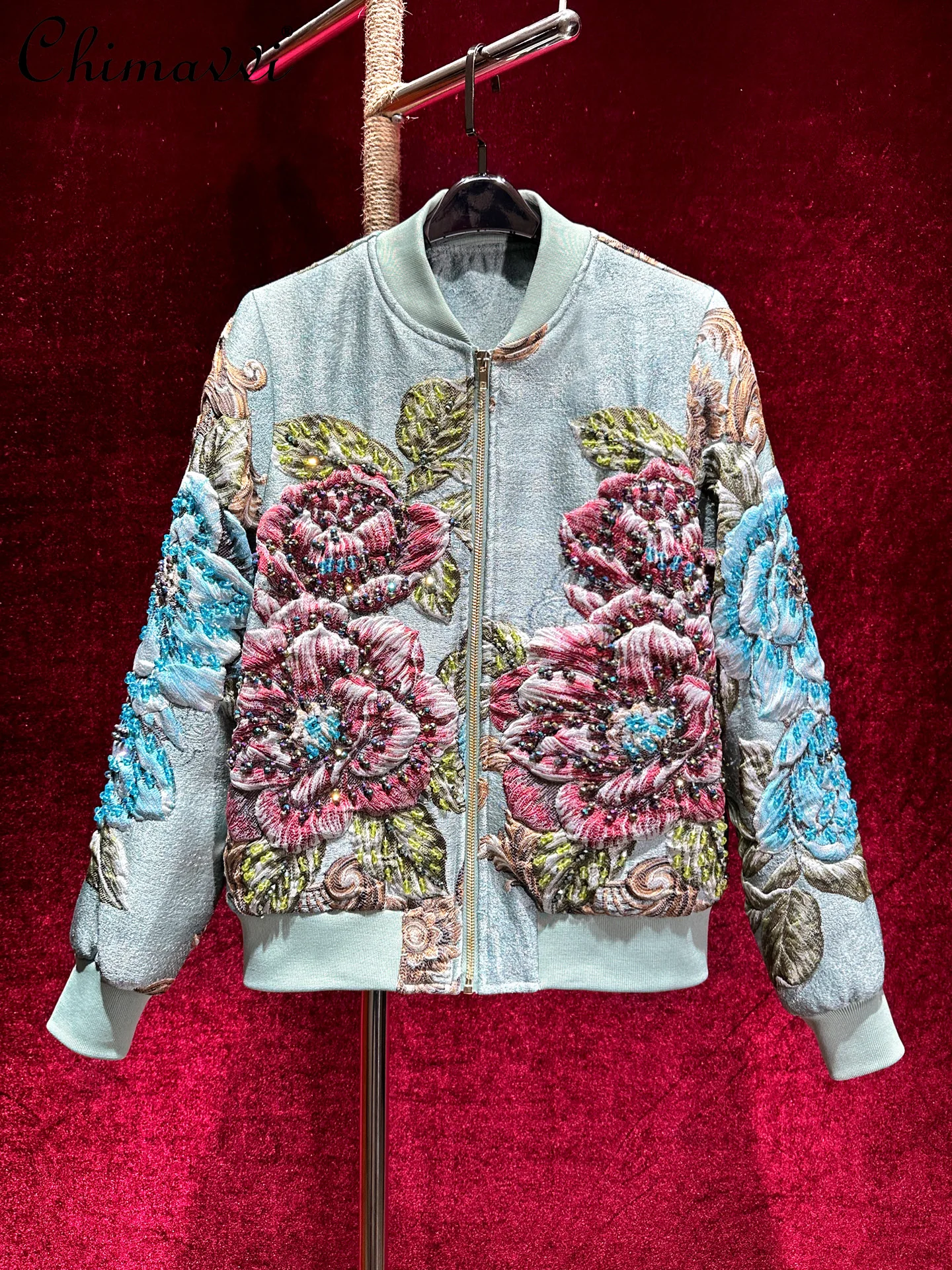 

High-end Heavy Embroidery Jacquard Beaded Luxurious Jacket Coat Baseball Jacket Women Autumn New Fashion Retro Elegant Coat Top