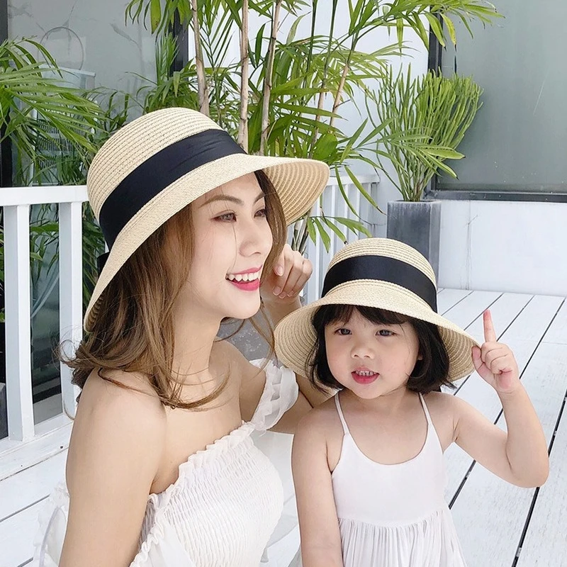 2pcs Summer Sun Protection Hat for Mother&Kids Travel Sunscreen Sun Hat Straw Hat Children\'s Korean Version Girls Beach Dome Hat