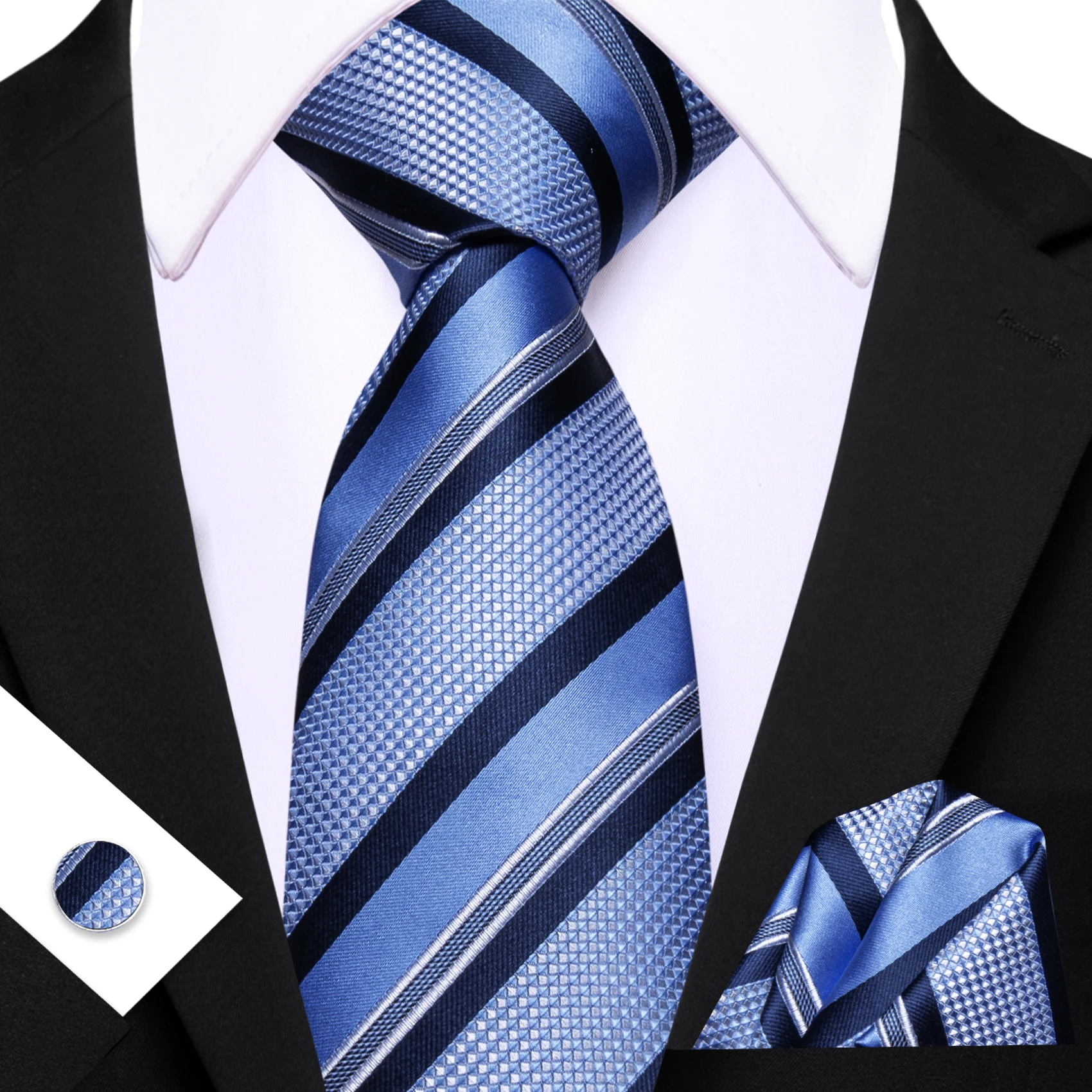 Gold Purple Silver Tones Mens Tie Set 3PCS, Paisley Striped Tie Cufflinks Handkerchief Set