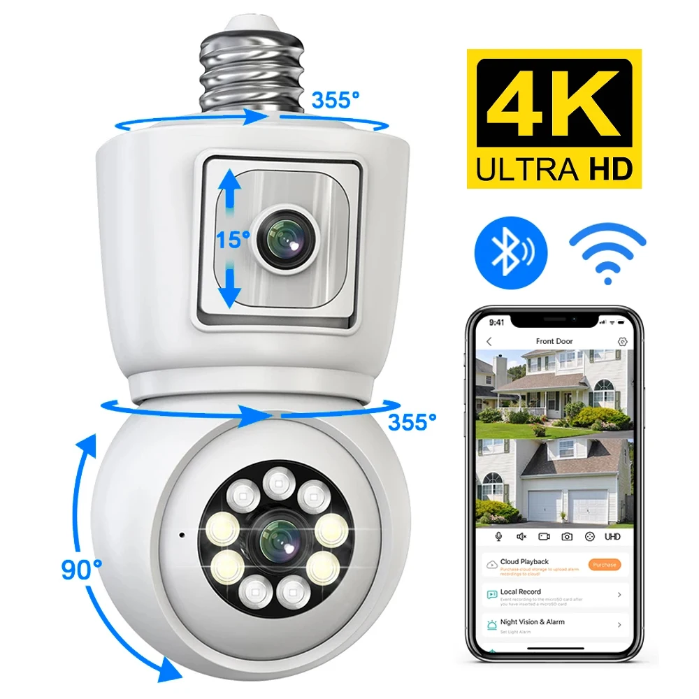 iCSee 8MP 4K E27 Bulb WiFi PTZ Camera AI Human Tracking Indoor 4MP Security Surveillance Camera Full Color Night Vision Audio