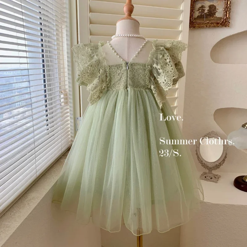 Children\'s Princess Dress In Green Korean Style Baby Party Dress with Lace Pearl Mesh Flare Sleeves Suitable for Summer E23344