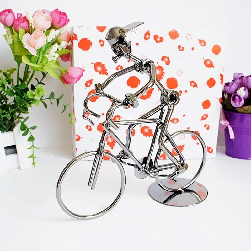 1 PCS Retro Cyclists Model Iron Art Metal Bicycle Ornament A Man Riding Bike Statue Figurine For Home Library Desk Decoration