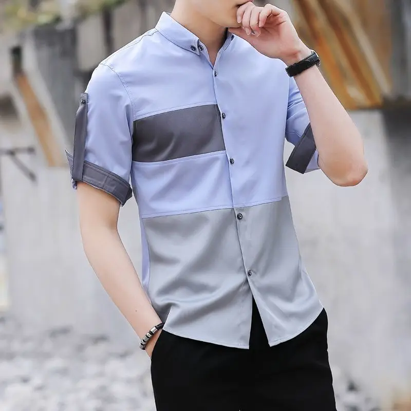 2024 New Summer Casual Business Korean Version Trendy Lapel Plaid Color Block Loose and Simple Short Sleeved Ice Silk Shirt