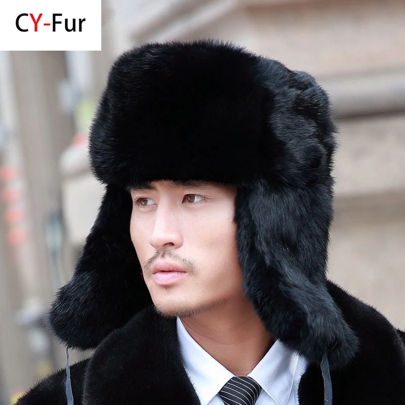 Fashion Thick Warm Bomber Hat Men Real Rabbit Fur Earflap Trapper Russian Cap Male Plus Size Winter Hats for Men Ski Russian Hat